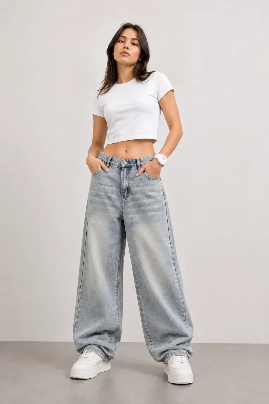 Women's Grey High Rise Wide Leg Denim Jeans Full View by Waysho