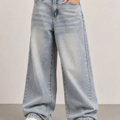 Women's Grey High Rise Wide Leg Denim Jeans Front View by Waysho