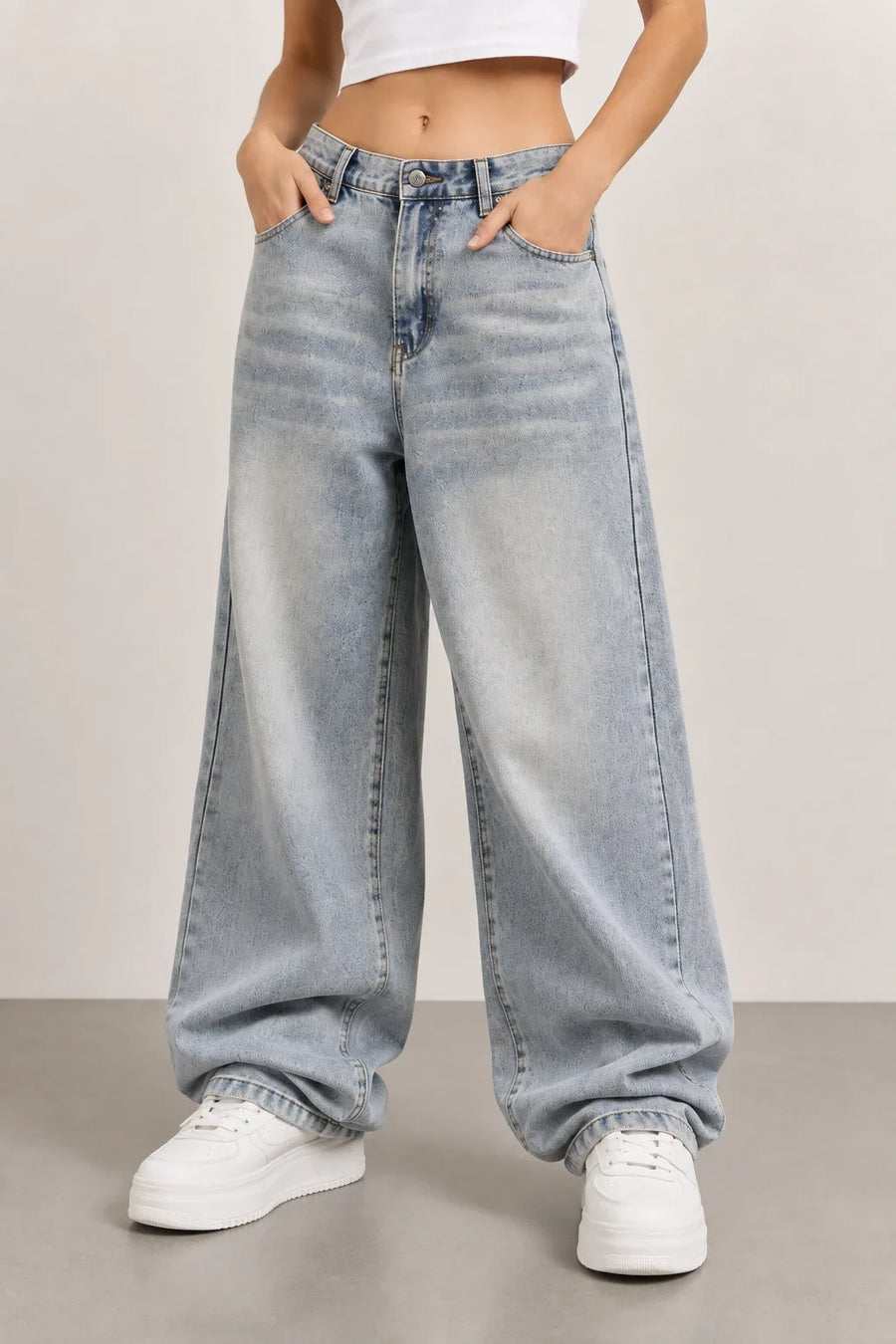 Women's Grey High Rise Wide Leg Denim Jeans Front View by Waysho