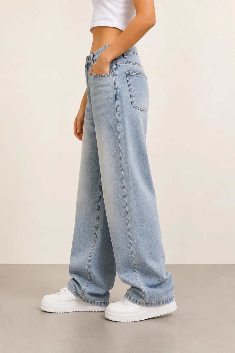 Women's Grey High Rise Wide Leg Denim Jeans left View by Waysho