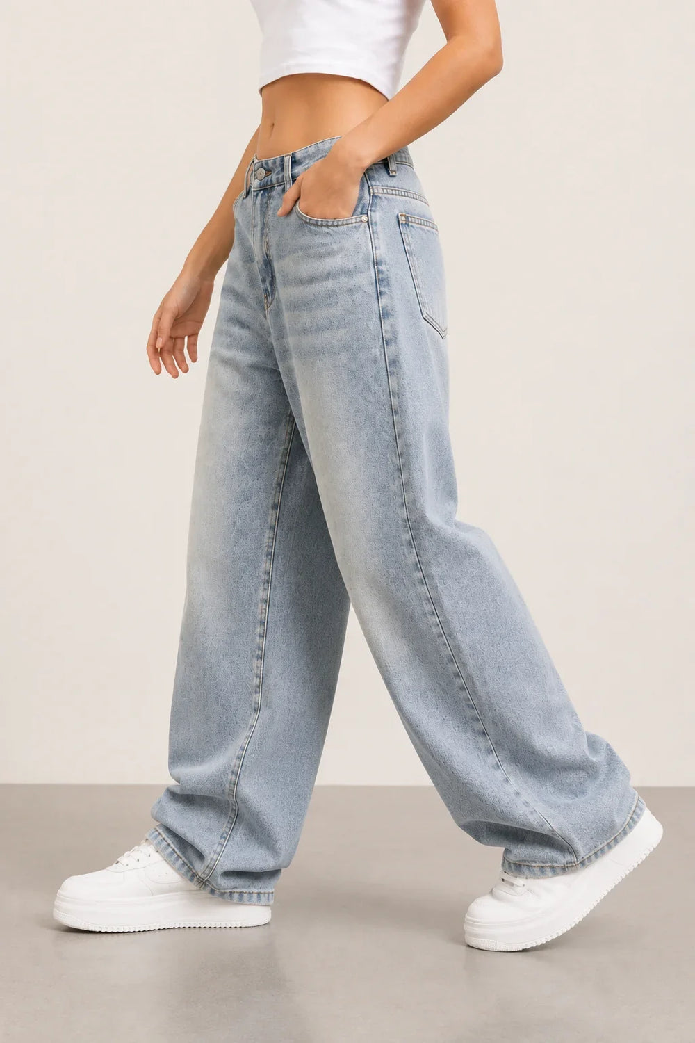 Women's Grey High Rise Wide Leg Denim Jeans Side View by Waysho