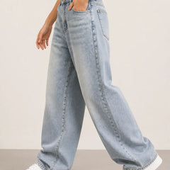 Women's Grey High Rise Wide Leg Denim Jeans Side View by Waysho