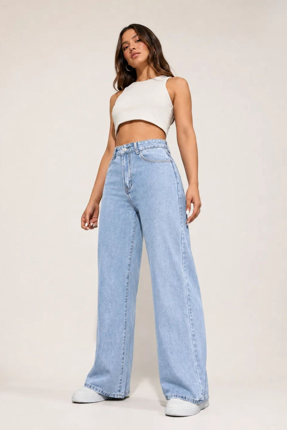 Waysho Women's Ice Blue High Rise Wide Leg Jeans Full Front View