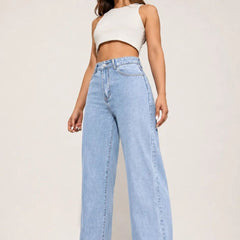 Waysho Women's Ice Blue High Rise Wide Leg Jeans Full Front View