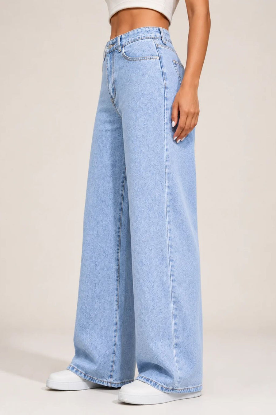 Waysho Women's Ice Blue High Rise Wide Leg Jeans Left View