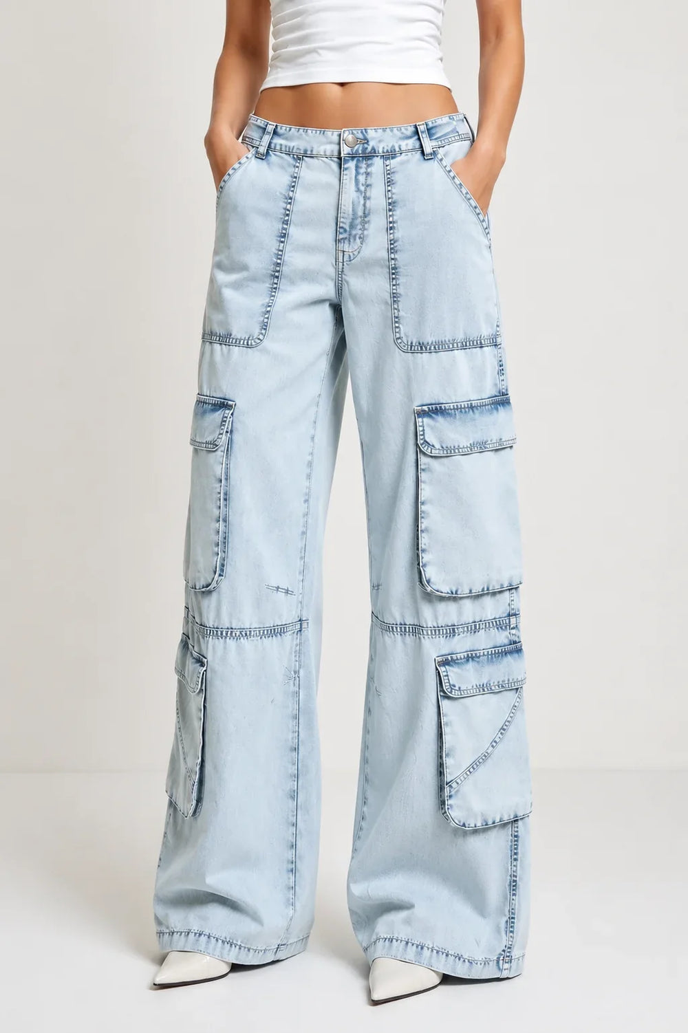 Waysho Women's Light Blue Cargo Wide Leg Denim Jeans with Utility Cargo Pockets Front View