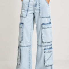 Waysho Women's Light Blue Cargo Wide Leg Denim Jeans with Utility Cargo Pockets Front View