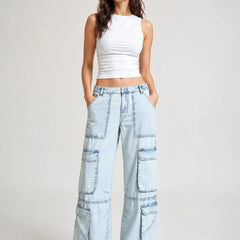 Waysho Women's Light Blue Cargo Wide Leg Denim Jeans with Utility Cargo Pockets Full Front View
