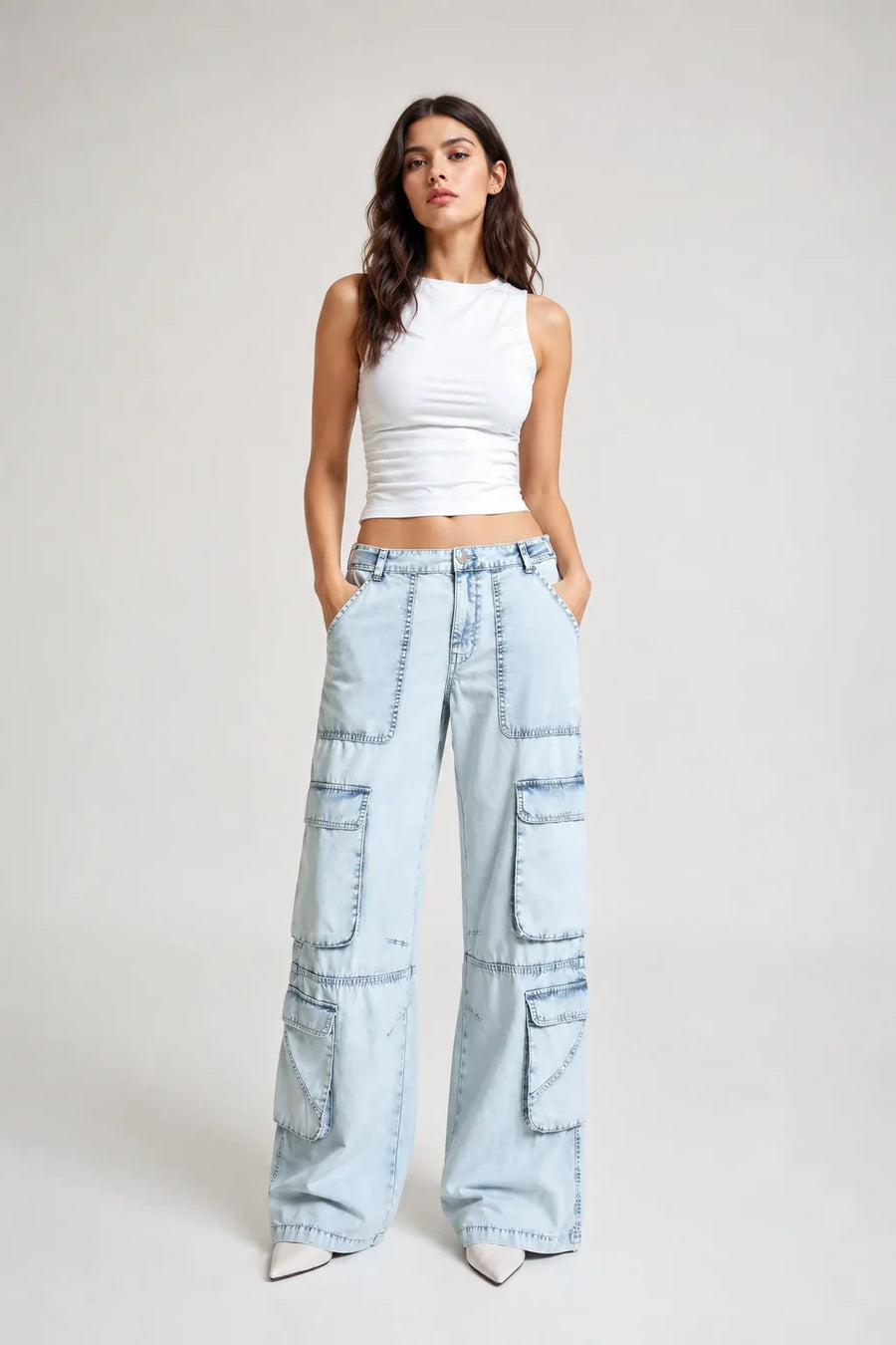Waysho Women's Light Blue Cargo Wide Leg Denim Jeans with Utility Cargo Pockets Full Front View