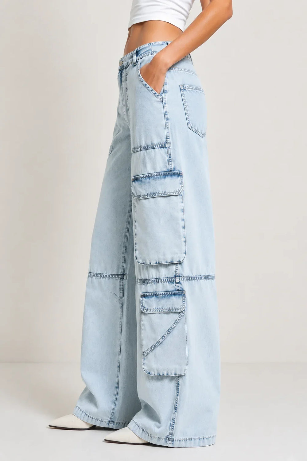Waysho Women's Light Blue Cargo Wide Leg Denim Jeans with Utility Cargo Pockets Left View