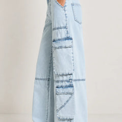 Waysho Women's Light Blue Cargo Wide Leg Denim Jeans with Utility Cargo Pockets Left View