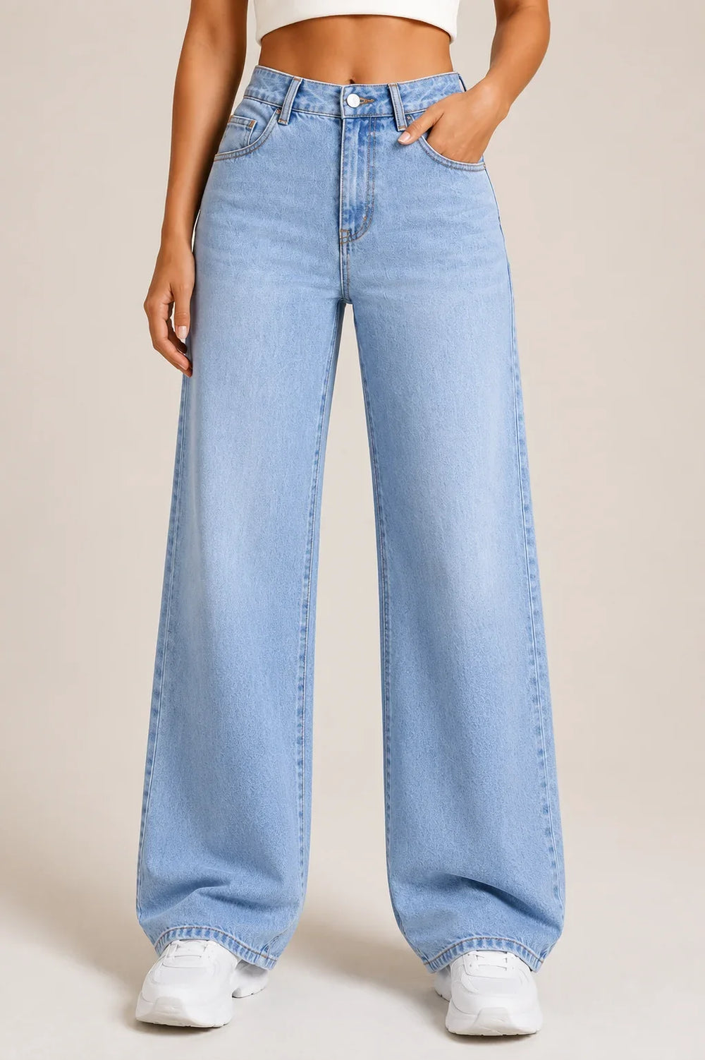 Waysho Women's Light Blue High Rise Straight Fit Jeans Front View