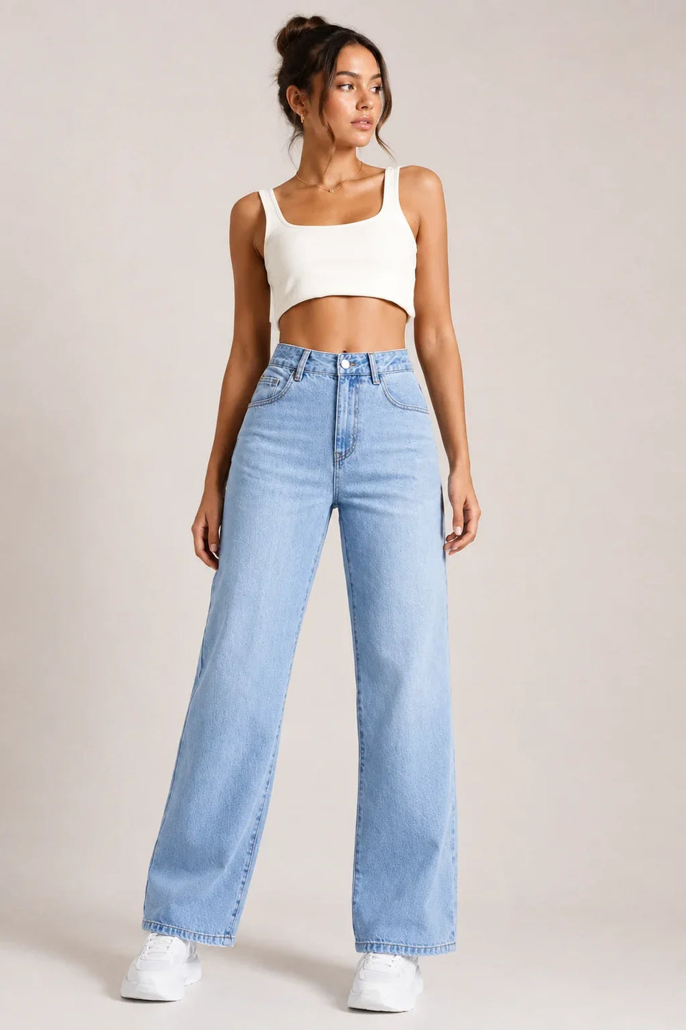 Waysho Women's Light Blue High Rise Straight Fit Jeans Full Front View