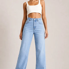 Waysho Women's Light Blue High Rise Straight Fit Jeans Full Front View