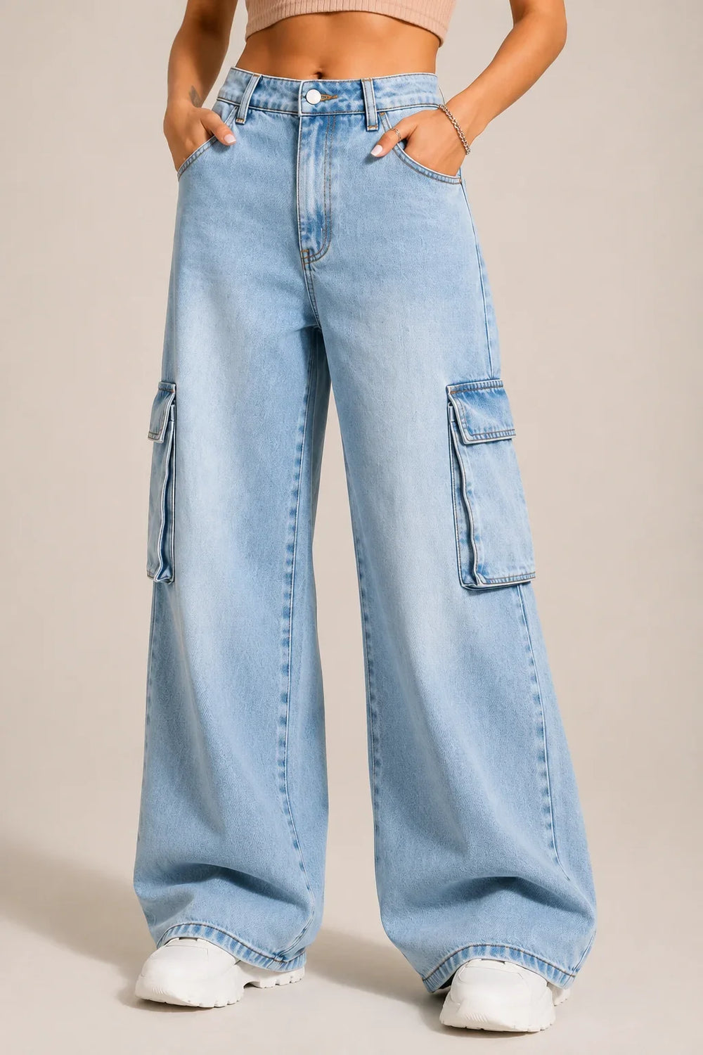 Waysho Women's Light Blue High Rise Wide Leg Cargo Denim Jeans Front View