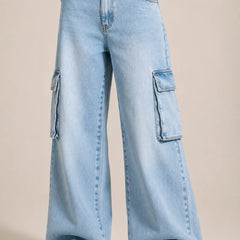 Waysho Women's Light Blue High Rise Wide Leg Cargo Denim Jeans Front View