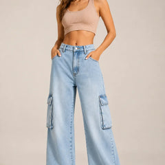 Waysho Women's Light Blue High Rise Wide Leg Cargo Denim Jeans Front  FullView