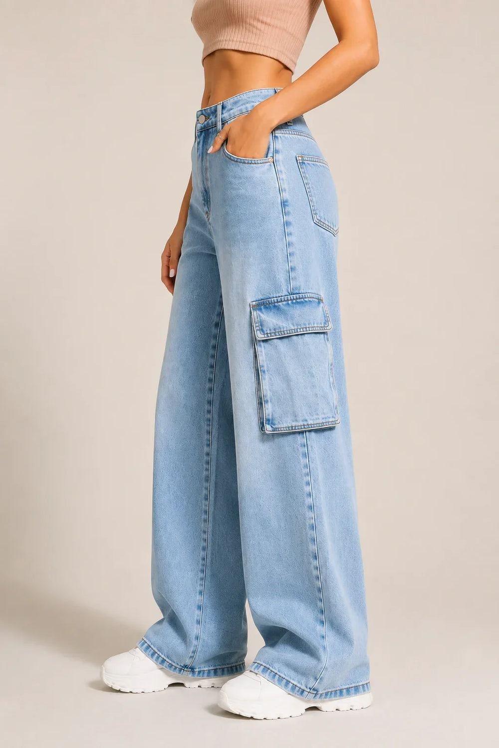 Waysho Women's Light Blue High Rise Wide Leg Cargo Denim Jeans Left View