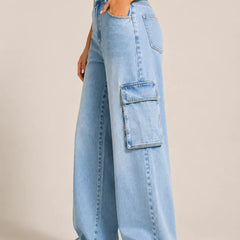 Waysho Women's Light Blue High Rise Wide Leg Cargo Denim Jeans Left View