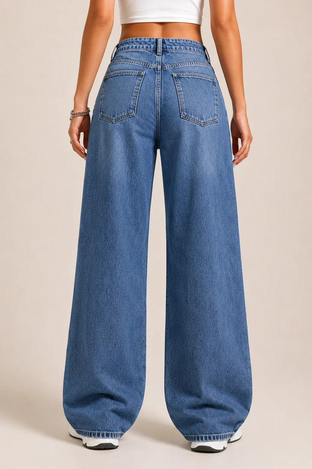 Waysho Women's Mid Blue High Rise Wide Leg Jeans Back View