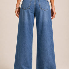 Waysho Women's Mid Blue High Rise Wide Leg Jeans Back View