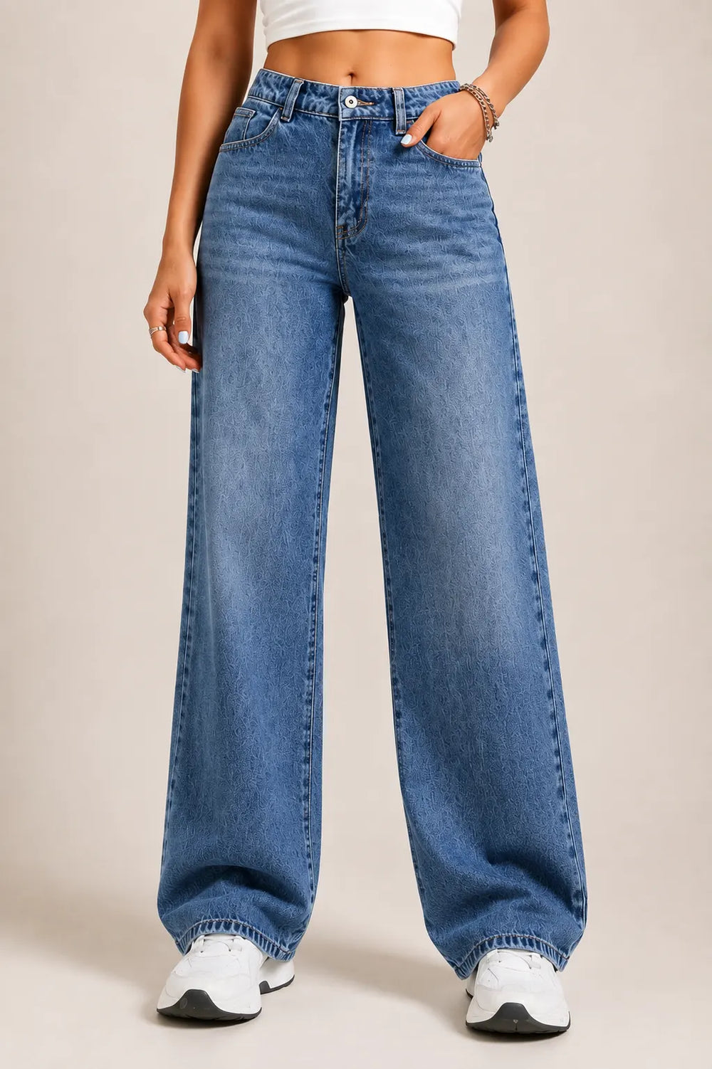 Waysho Women's Mid Blue High Rise Wide Leg Jeans Front View