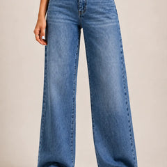 Waysho Women's Mid Blue High Rise Wide Leg Jeans Front View