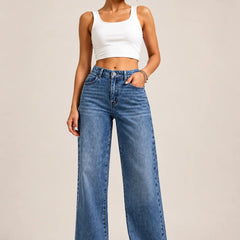 Waysho Women's Mid Blue High Rise Wide Leg Jeans Full Front View