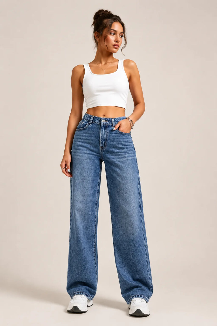 Waysho Women's Mid Blue High Rise Wide Leg Jeans Full Front View