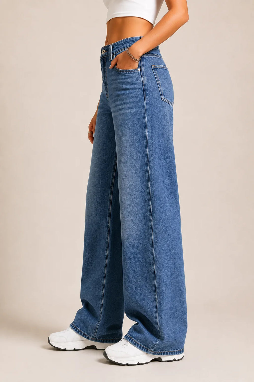 Waysho Women's Mid Blue High Rise Wide Leg Jeans Left View