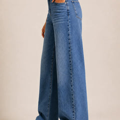 Waysho Women's Mid Blue High Rise Wide Leg Jeans Left View