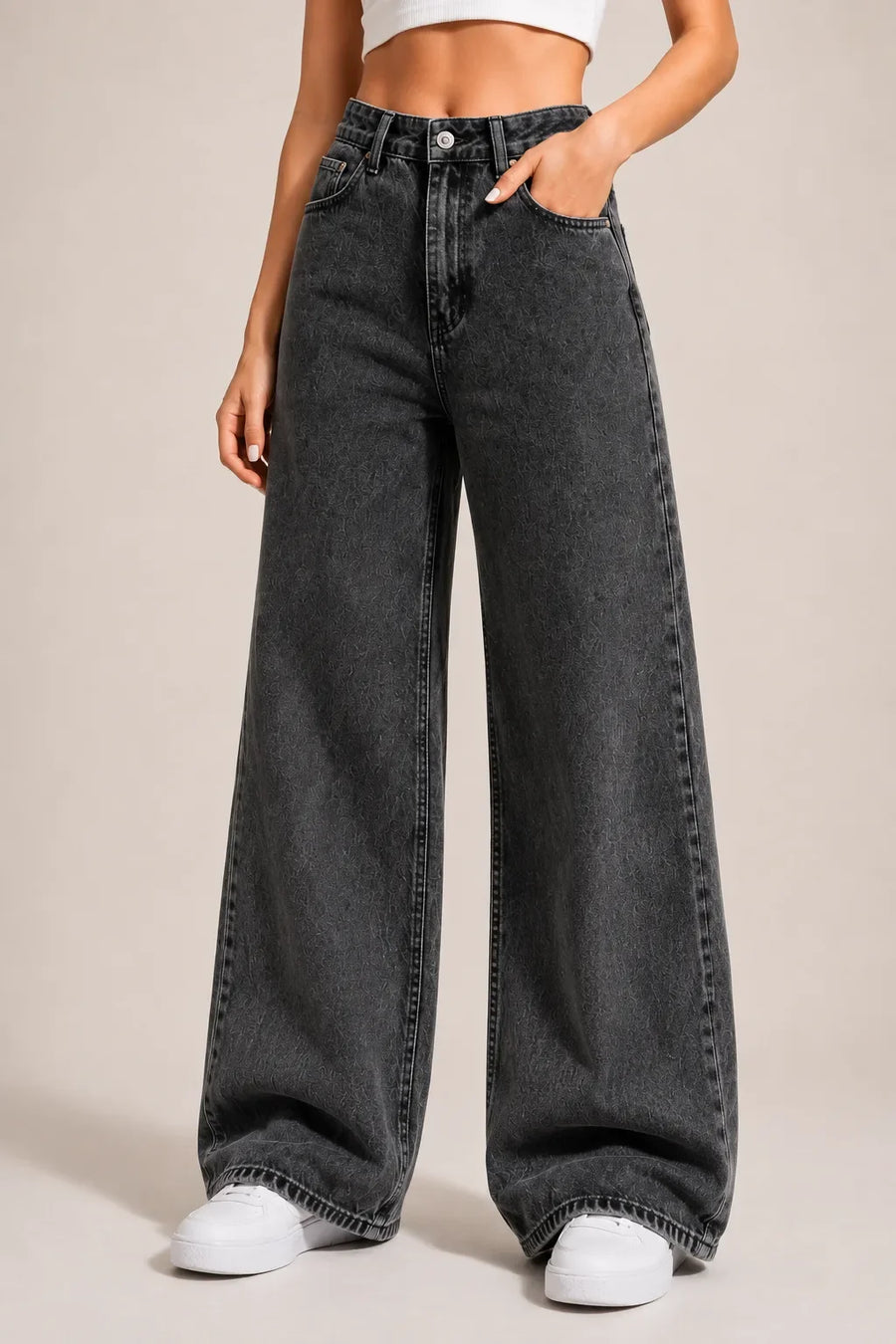 Waysho Women's Washed Black High Rise Wide Leg Denim Jeans Front View