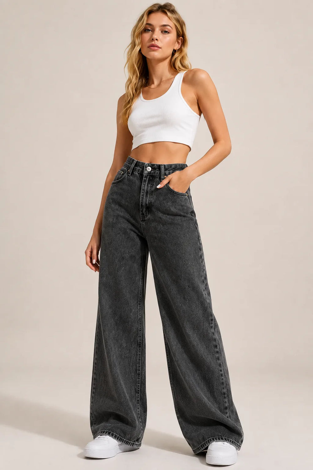 Waysho Women's Washed Black High Rise Wide Leg Denim Jeans Full Front View