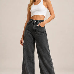 Waysho Women's Washed Black High Rise Wide Leg Denim Jeans Full Front View