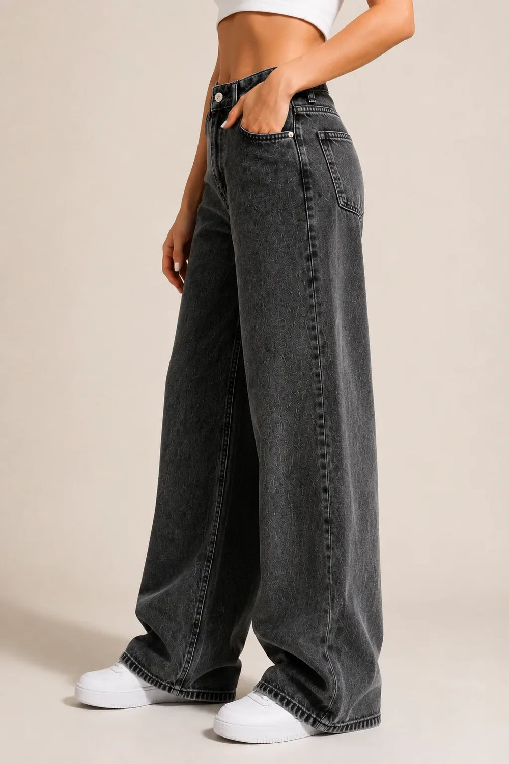 Waysho Women's Washed Black High Rise Wide Leg Denim Jeans Left View
