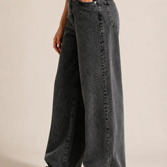 Waysho Women's Washed Black High Rise Wide Leg Denim Jeans Left View