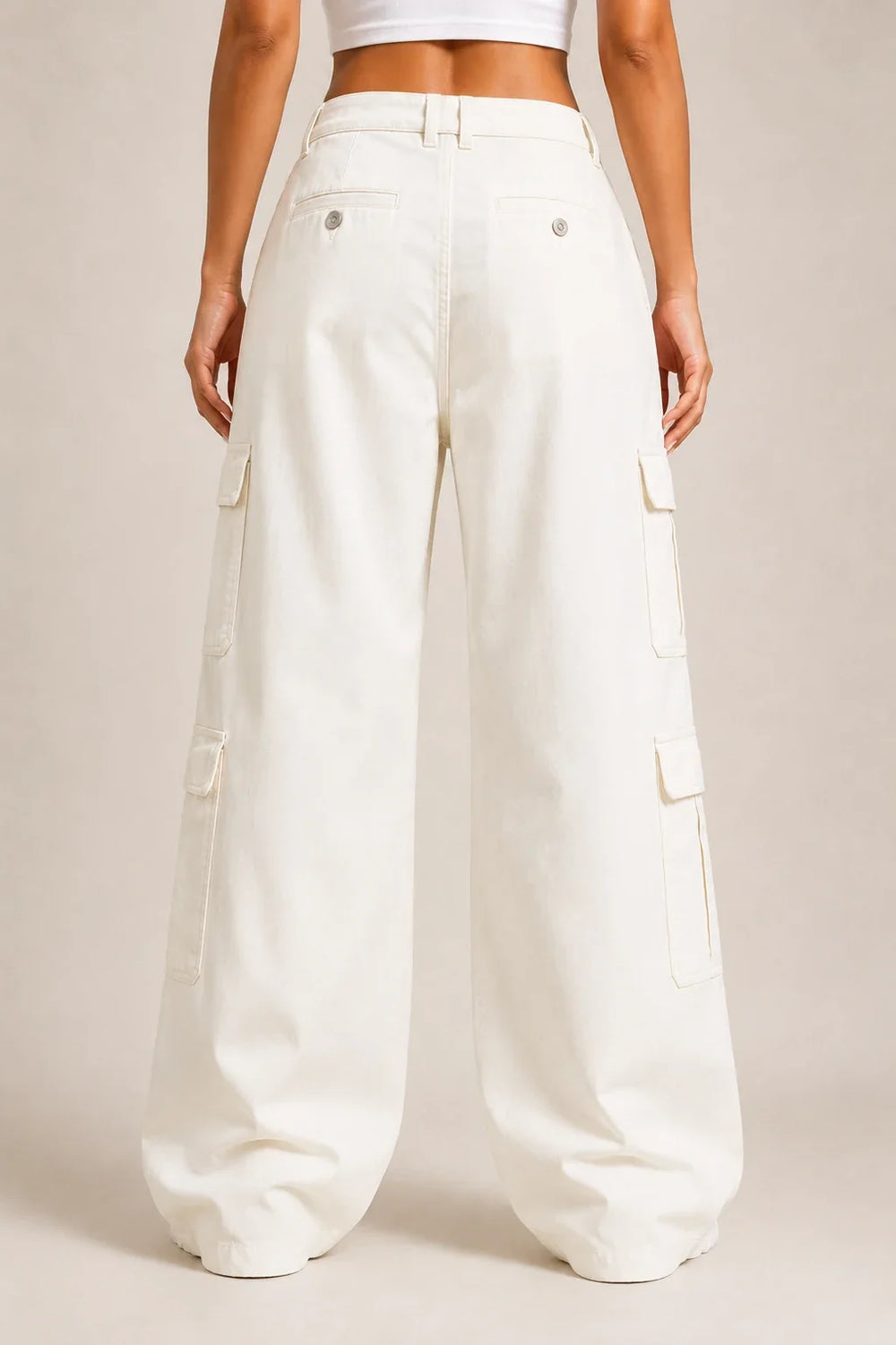 Waysho Women's White High Rise Cargo Wide Leg Jeans Back View