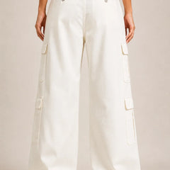 Waysho Women's White High Rise Cargo Wide Leg Jeans Back View