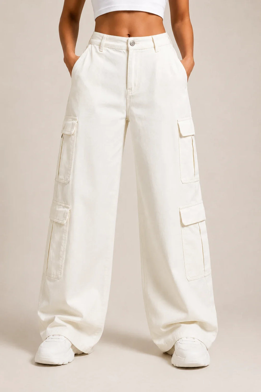 Waysho Women's White High Rise Cargo Wide Leg Jeans Front View