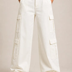 Waysho Women's White High Rise Cargo Wide Leg Jeans Front View