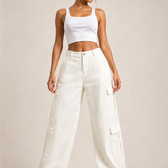 Waysho Women's White High Rise Cargo Wide Leg Jeans Model Front View