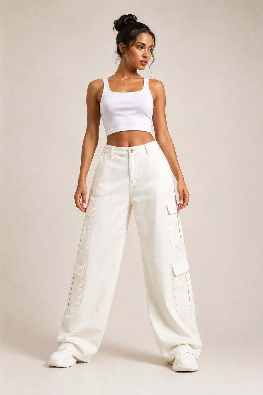 Waysho Women's White High Rise Cargo Wide Leg Jeans Model Front View