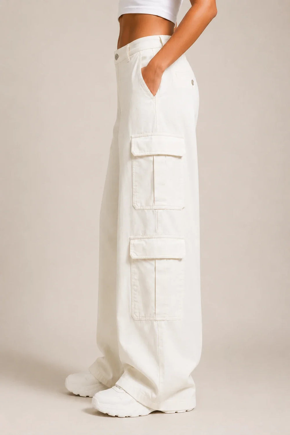 Waysho Women's White High Rise Cargo Wide Leg Jeans Left View