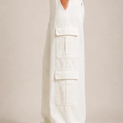 Waysho Women's White High Rise Cargo Wide Leg Jeans Left View