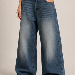 Women's Vintage Blue High Rise Wide Leg Denim Jeans Front View By Waysho