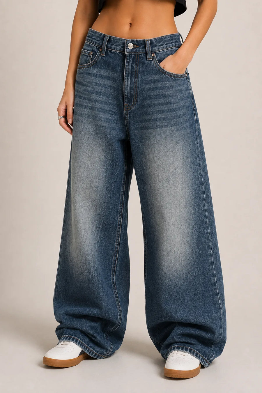 Women's Vintage Blue High Rise Wide Leg Denim Jeans Front View By Waysho