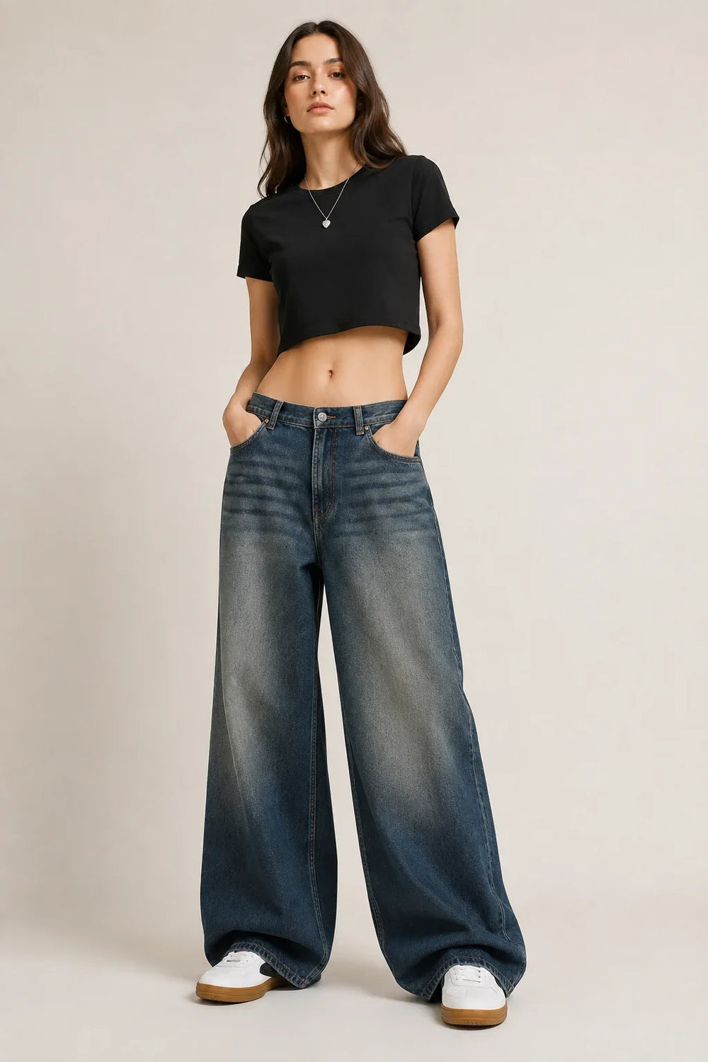 Women's Vintage Blue High Rise Wide Leg Denim Jeans Full Front View By Waysho