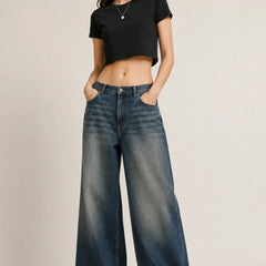 Women's Vintage Blue High Rise Wide Leg Denim Jeans Full Front View By Waysho