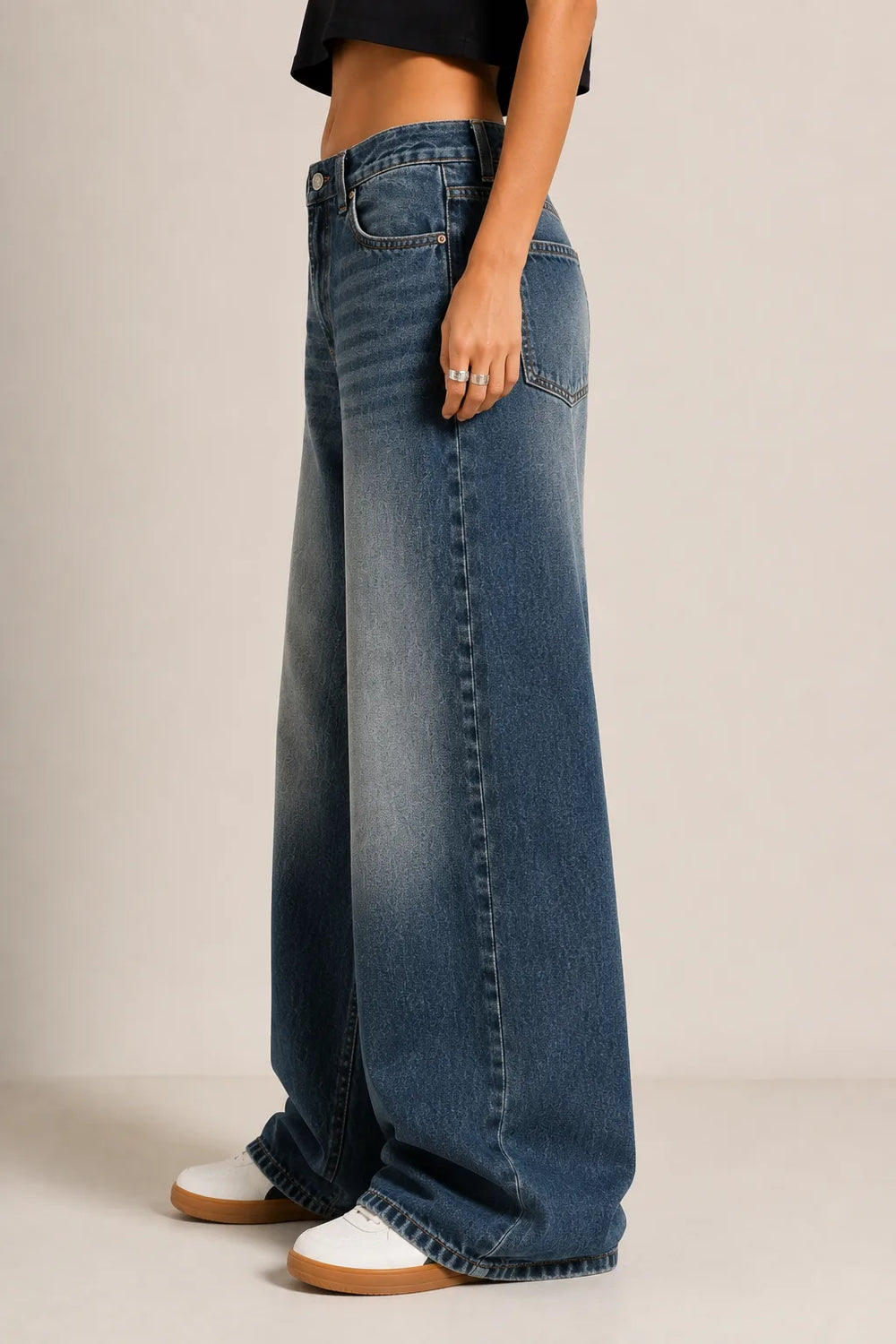 Women's Vintage Blue High Rise Wide Leg Denim Jeans Left View By Waysho