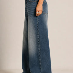 Women's Vintage Blue High Rise Wide Leg Denim Jeans Left View By Waysho